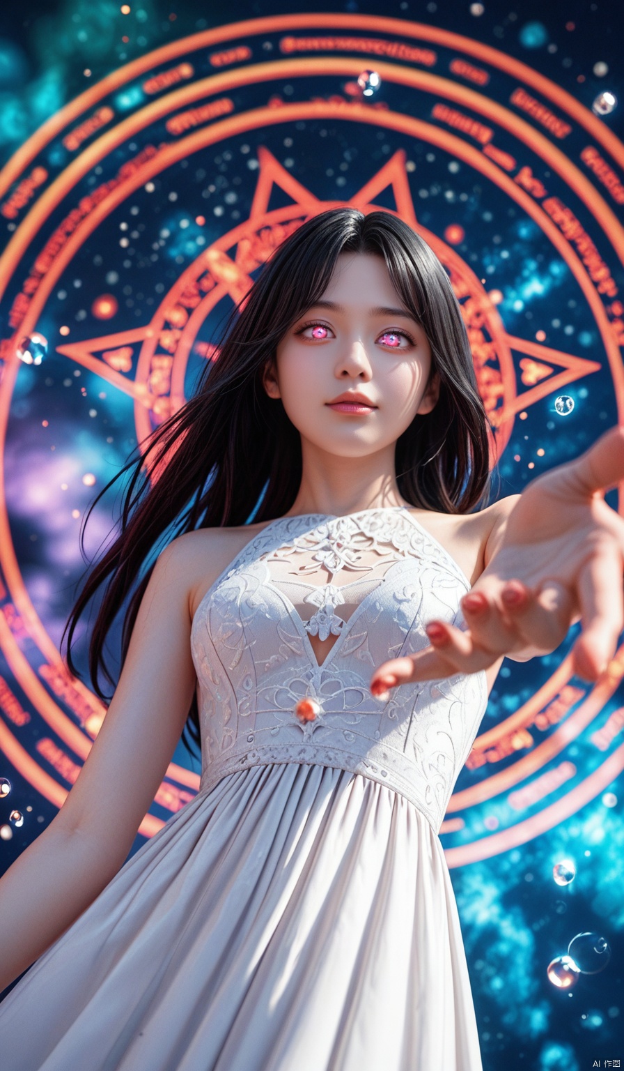 no lineart, masterpiece, best quality, very aesthetic, absurdres, highres, 32k, 1girl, solo, elysia \(herrscher of human: ego\) \(honkai impact\), model, pinup pose, Expressiveh, sexually suggestive, perfect anatomy, perfect female body, heavenly, feminine, ephemeral, perspective, very long hair, sideways glance, head tilt, naughty face, sensual look, white dress, fine fabric emphasis, light particles, glowing body, magic circle, detailed eyes, seductive, reflection, leaning back, reaching towards viewer, abstract background, floating,  bioluminescence, detailed background, blurry background, depth of field, from below,score_9_up score_8_up score_7_up,COLORFUL GRADIENT,HANFU