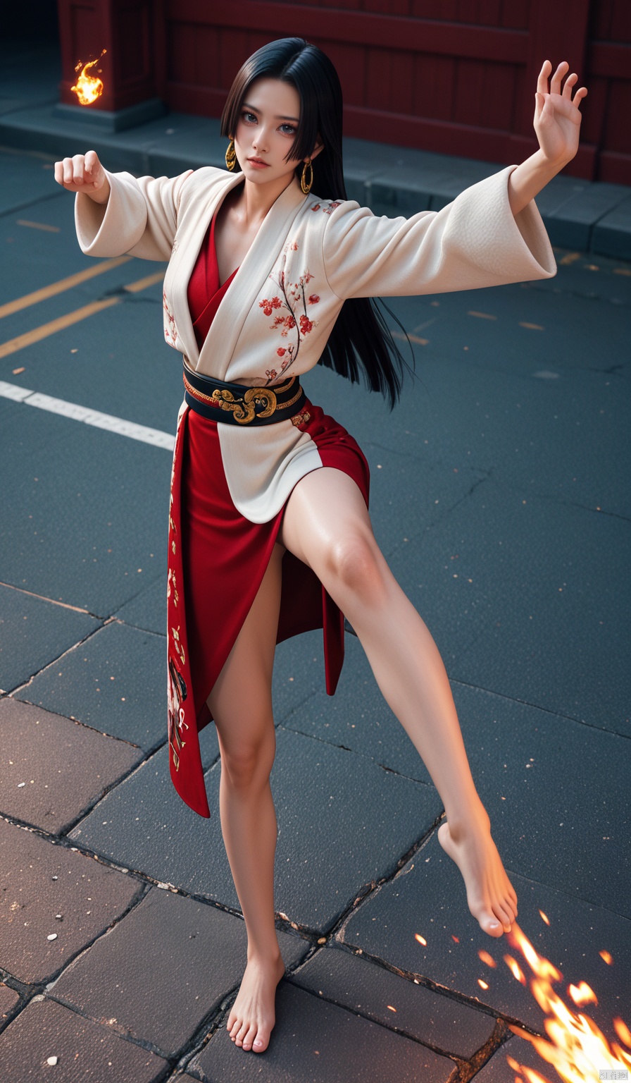 (masterpiece, best quality, ), slum background, Boa Hancock. from above, barefoot, foot focus, high kick with a trail of red fire,long black hair, standing on one leg,  red lighting, (anime coloring:0.3),score_9_up score_8_up score_7_up score_6_up,BLENDER STYLE