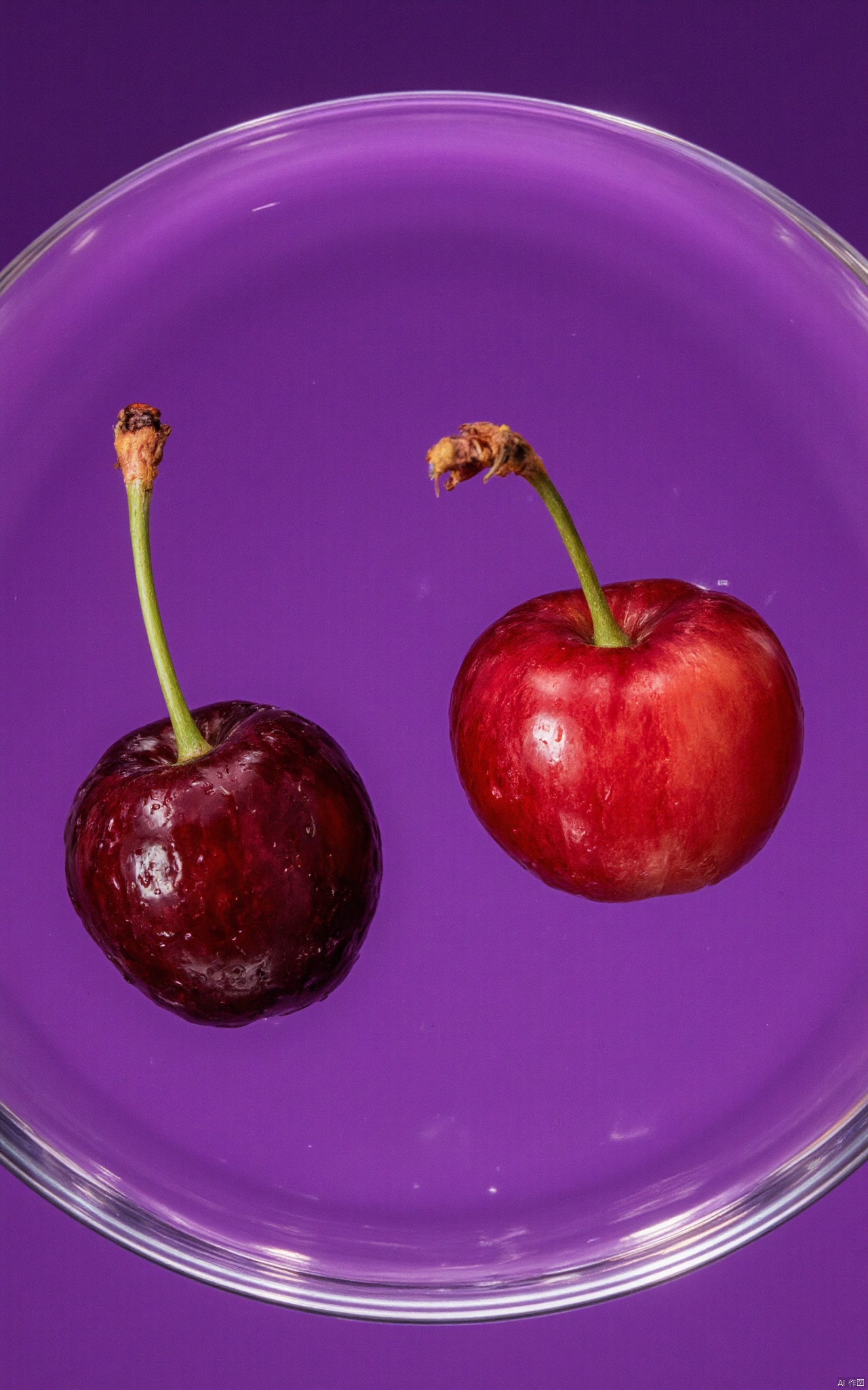 floating two Cherries in water,in the style of photorealistic renderings,realistic hyper-detailed rendering,photorealistic rendering,ultraviolet photography,foampunk,The camera,a professional-grade SonyAlpha a7 lll equipped with a macro lens,surrealistic elements,
