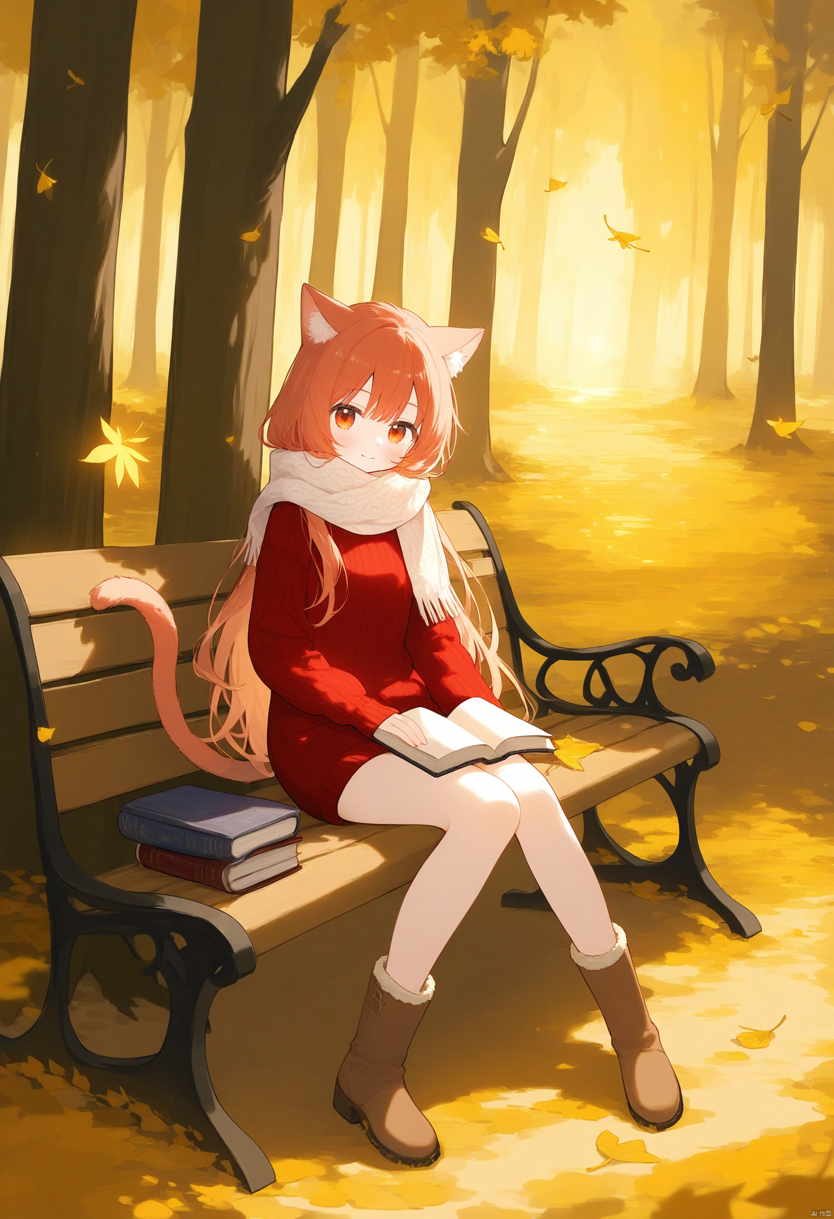 1girl, solo, long hair, sitting on a wooden bench, holding a book, autumn leaves falling, warm sweater, scarf, boots, forest path, golden leaves on the ground, cozy atmosphere, soft sunlight shining through trees, looking at viewer, orange and red hues, serene forest backdrop, cat tail, soft smile
