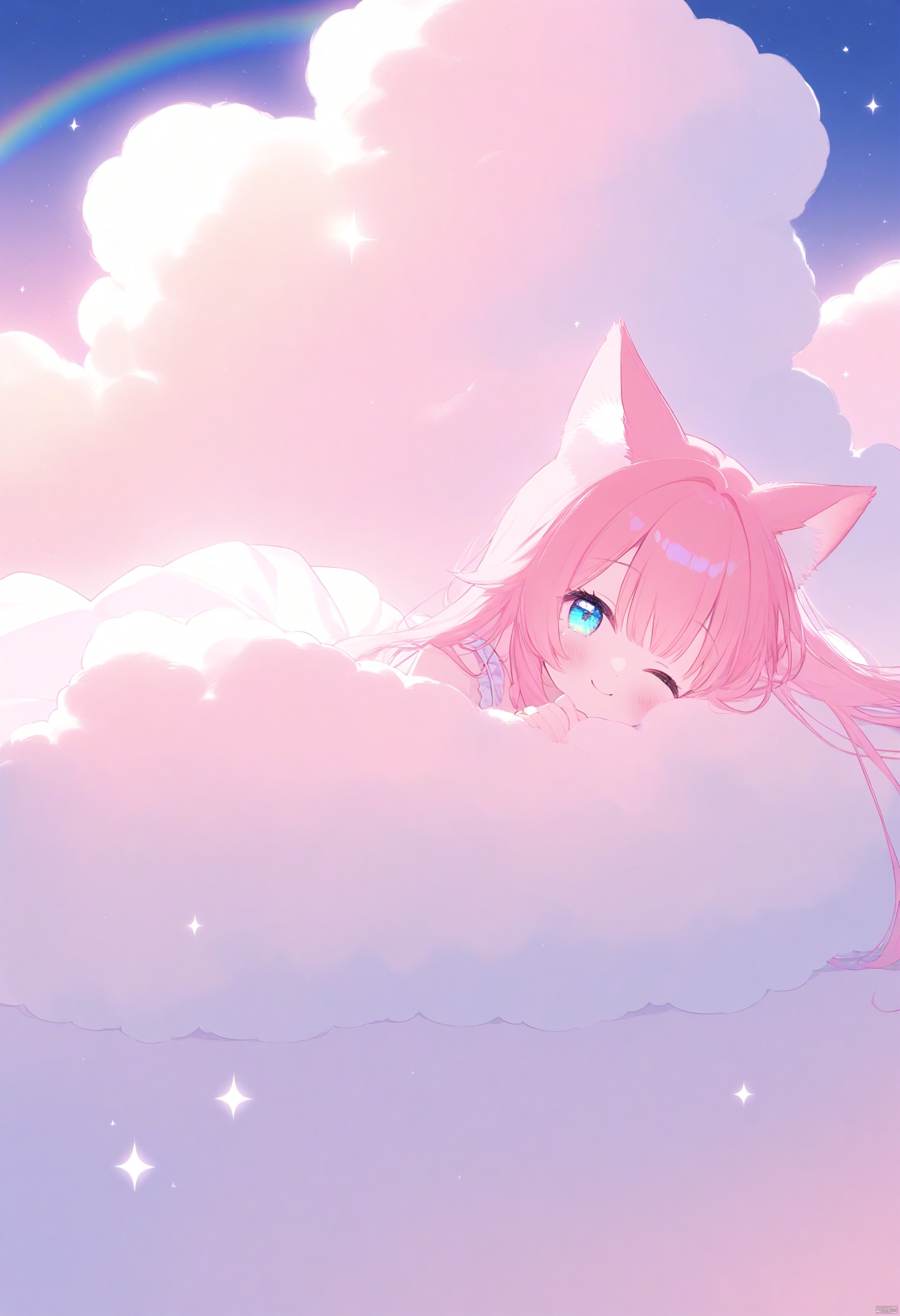 1girl, solo, cat ears, pink hair, lying on a large fluffy cloud, looking at the sky, wearing a cute dress, pastel rainbow background, soft glowing stars, dreamlike atmosphere, light and airy, serene, smiling with eyes closed, sparkling background, soft golden glow, gentle winds, pink and blue tones, fluffy white clouds
