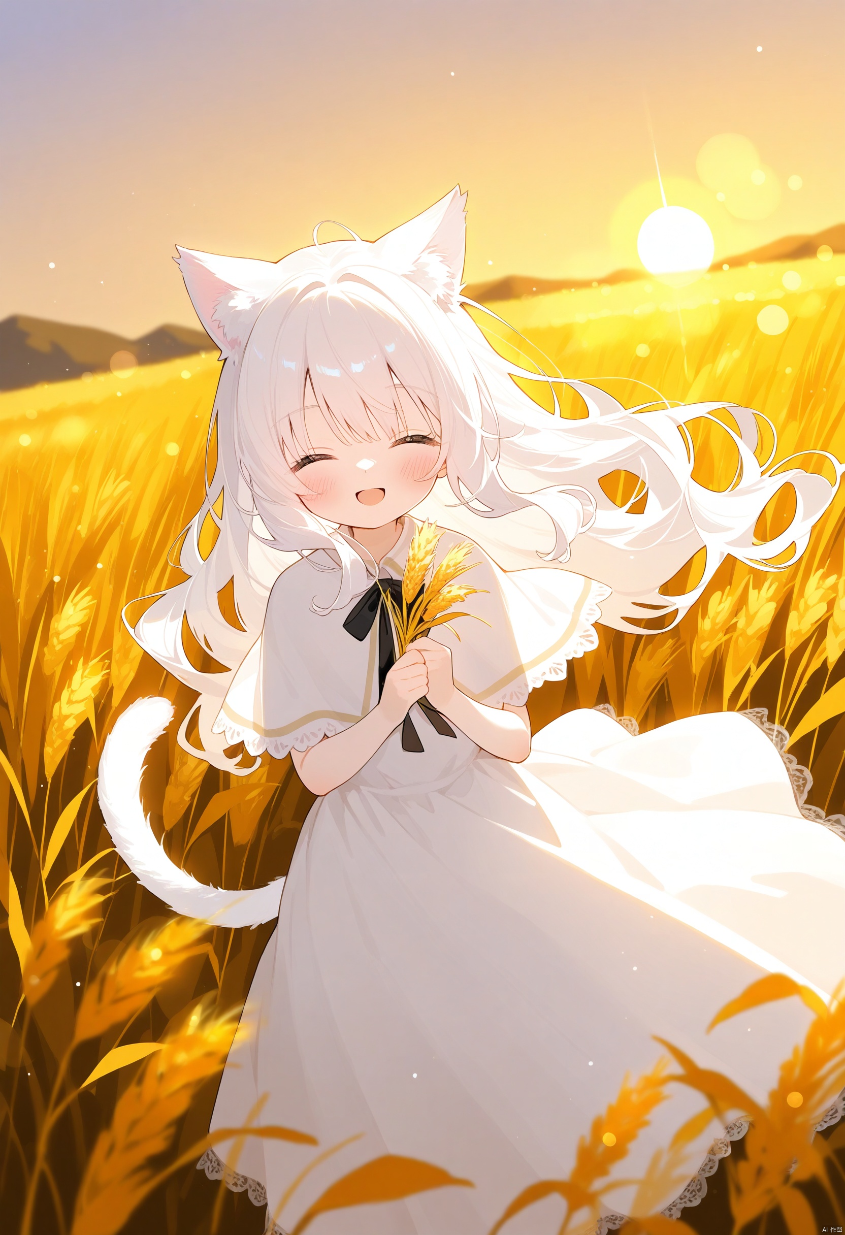 from above, 1girl, loli, (solo), catgirl, cat ears, white hair, cat tail, closed eyes, (smile), open mouth, skirt, white dress, white capelet, long hair, wavy hair, fluffy hair, bow, black bow, blush, capelet, lace trim, sunset, long dress, dusk, scenery, gold sky, high place, horizon, wheat field, wheat ears, wind, wind blow, looking at viewer, (depth of field), bokeh, holding a wheat ears, holding, tail, outdoors, feet out of frame, animal ears, ^ ^

