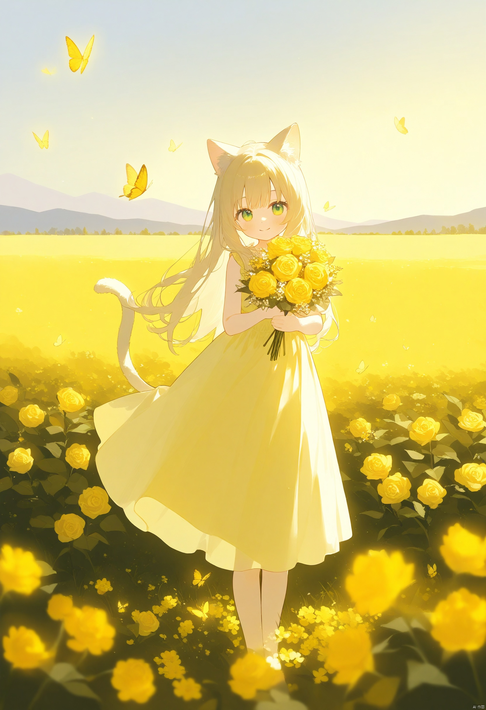 1girl, solo, long hair, green eyes, smile, holding a bouquet of roses, standing in a flower field, soft pastel-colored dress, sunlight filtering through trees, butterflies flying around, pink and yellow flowers, warm golden light, light breeze, cat ears, tail swaying, natural background, open sky, full body, outdoors, summer day
