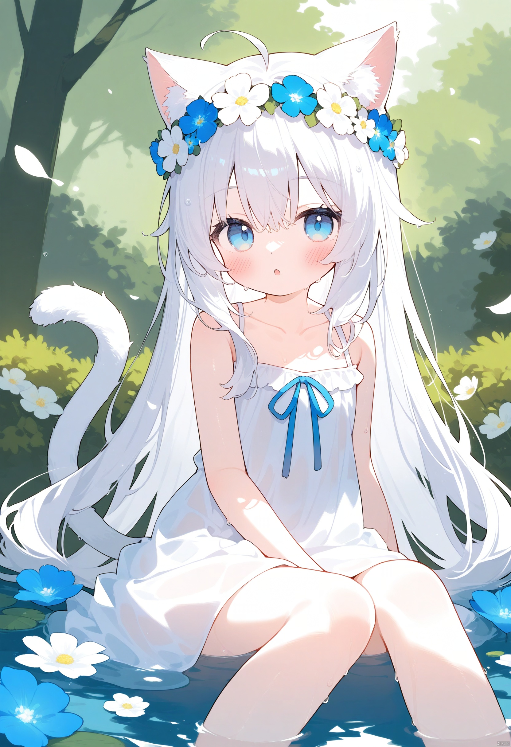 1girl, solo, long hair, looking at viewer, blush, bangs, blue eyes, hair ornament, dress, ribbon, animal ears, hair between eyes, bare shoulders, sitting, very long hair, collarbone, tail, flower, ahoge, white hair, outdoors, parted lips, sleeveless, day, cat ears, hair flower, water, white dress, :o, tree, wet, cat tail, animal ear fluff, bare arms, petals, sleeveless dress, feet out of frame, white flower, blue ribbon, cat girl, blue flower, head wreath, tail raised, flower wreath, shallow water
