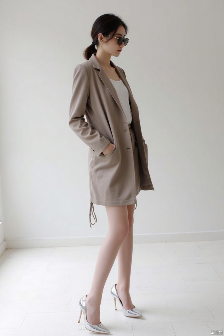 A 14-year-old woman,full body photo,bright light,coat,ponytail,short hair,white skin,cxy,sideways,wearing sunglasses,encil skirt,long and slim and thin legs,high heels,