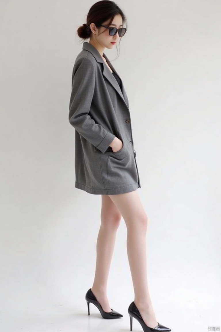 A 14-year-old woman,full body photo,bright light,coat,ponytail,short hair,white skin,cxy,sideways,wearing sunglasses,encil skirt,long and slim and thin legs,high heels,nipples can be seen under clothes,cxy,medium breast