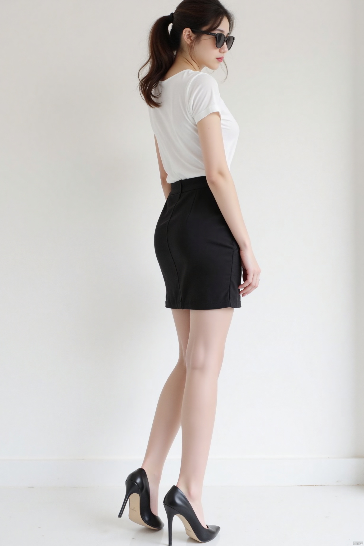 A 14-year-old woman,full body photo,bright light,ponytail,short hair,white skin,cxy,sideways,wearing sunglasses,encil skirt,long and slim and thin legs,high heels,nipples can be seen under clothes,cxy,medium breast