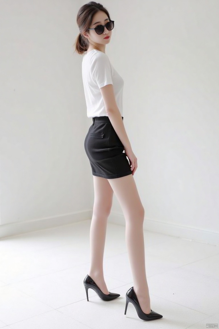 A 14-year-old woman,full body photo,bright light,ponytail,short hair,white skin,cxy,sideways,wearing sunglasses,encil skirt,long and slim and thin legs,high heels,nipples can be seen under clothes,cxy,medium breast