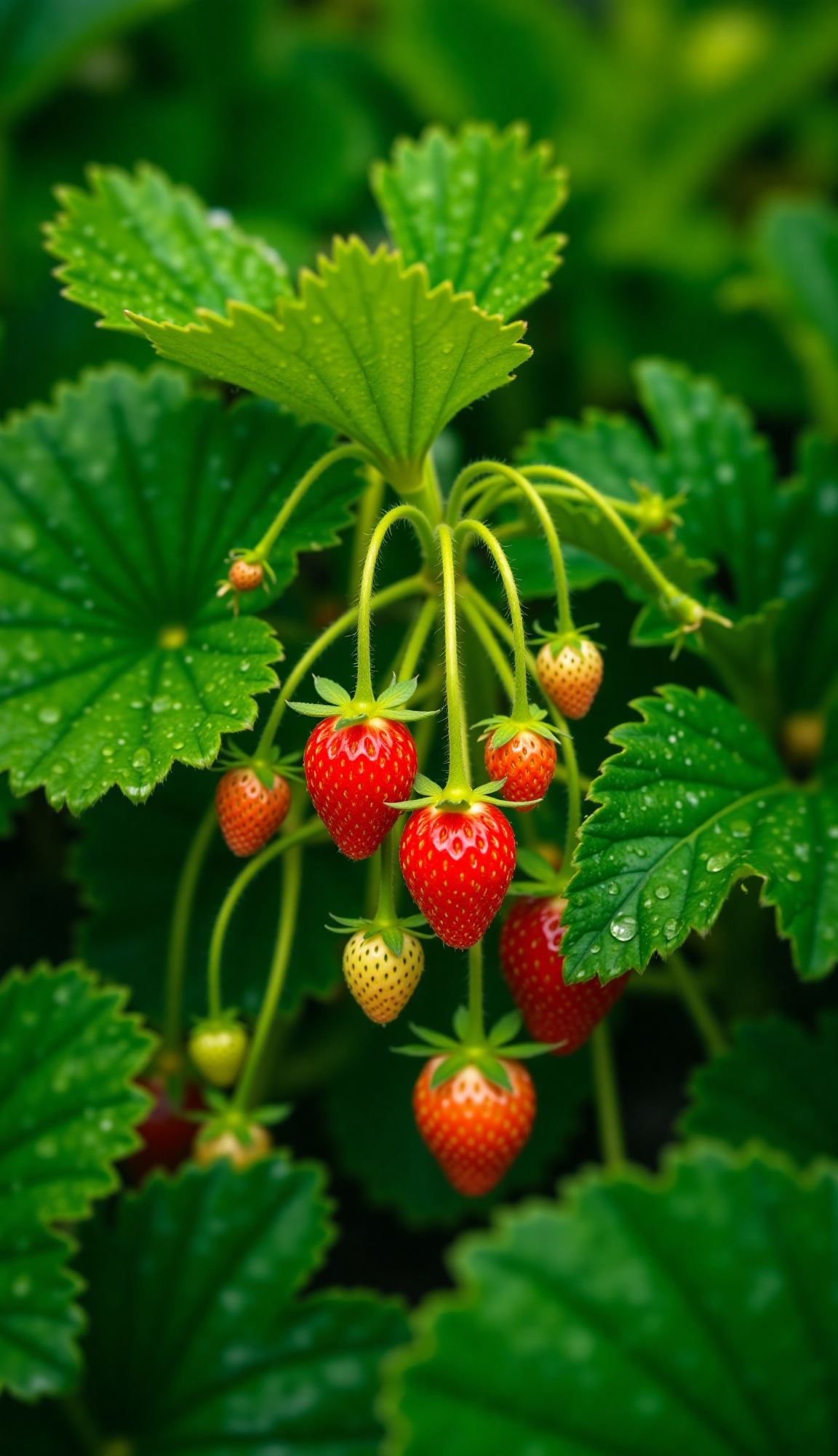 A close-up shot features several vibrant red strawberries hanging from delicate green stems amidst lush green strawberry l...