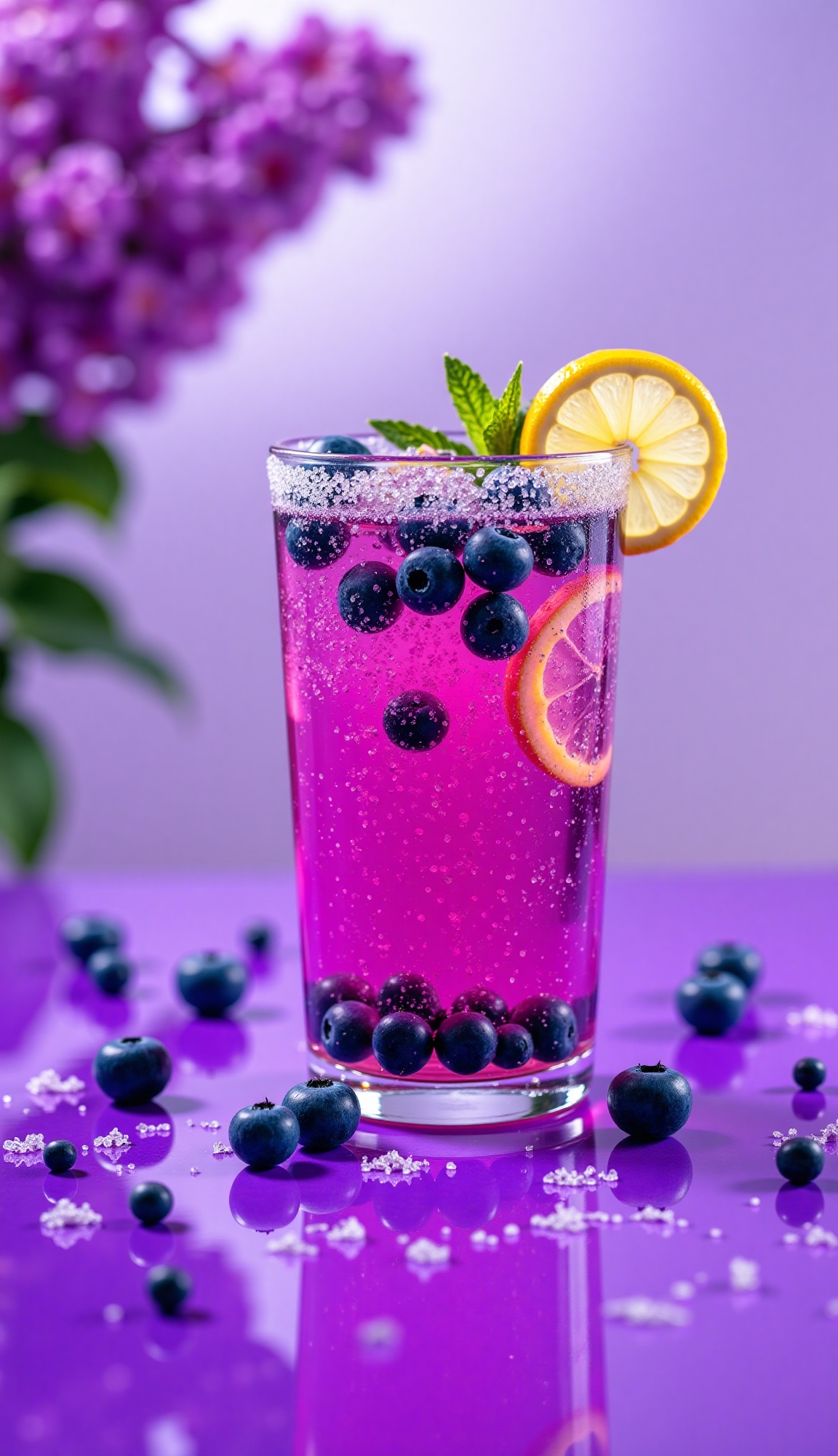 A vibrant,  close-up shot features a clear glass filled with a sparkling,  deep purple beverage on Tensor.Art