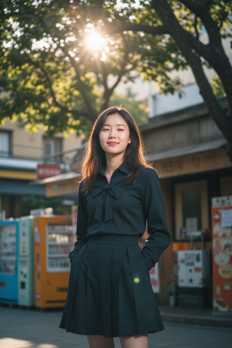 A young woman stands centered before a vibrant urban storefront,  her eyes gently closed and a serene,  subtle smile playi...