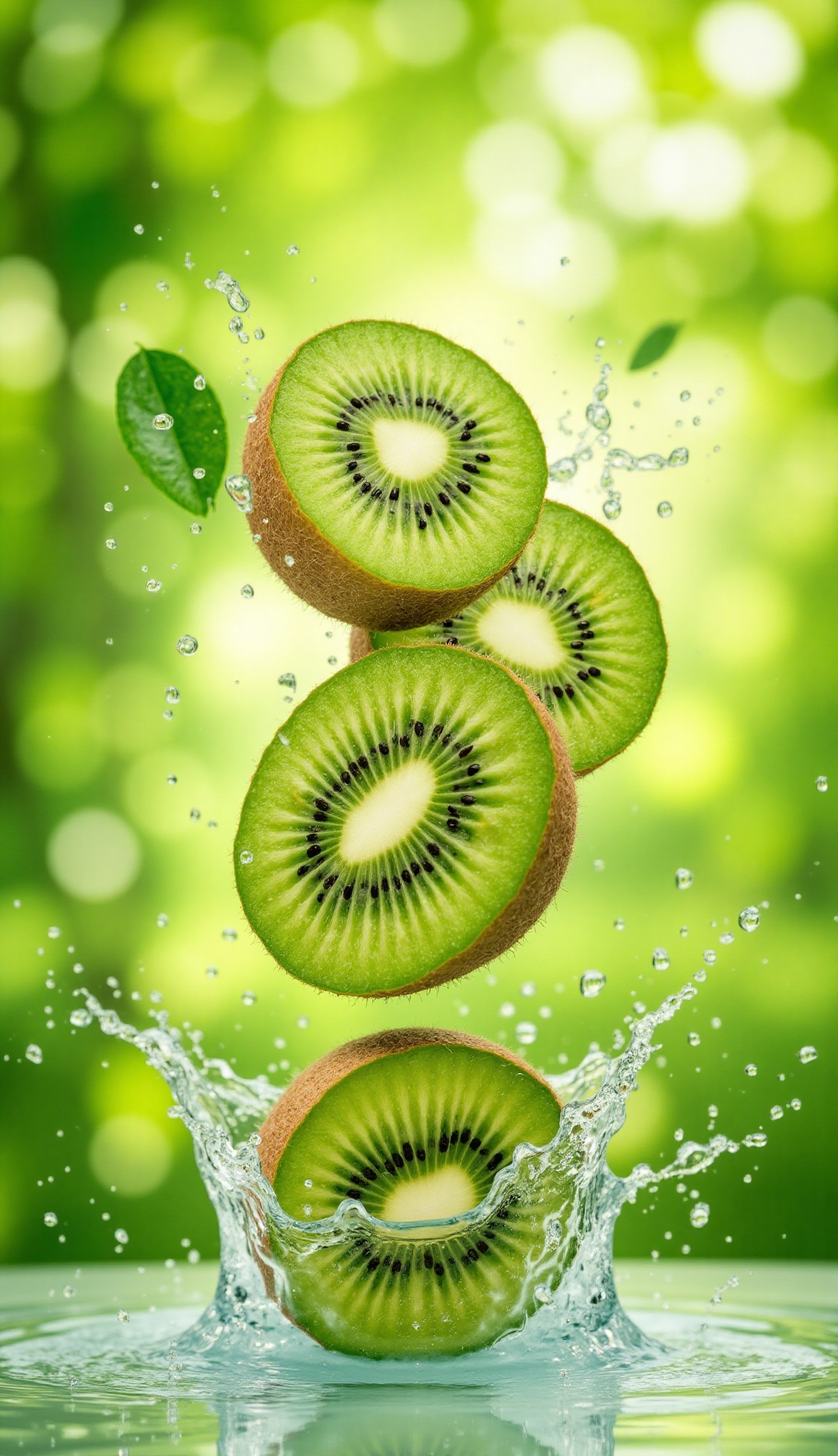 A dynamic,  close-up shot features two halves of a vibrant green kiwi fruit,  one stacked on top of the other on Tensor.Art