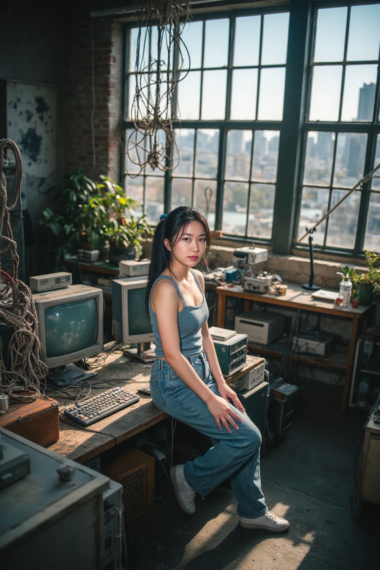 A young woman with dark,  twin-tailed hair and blue eyes sits atop a cluttered wooden desk within a high-tech,  sun-drench...