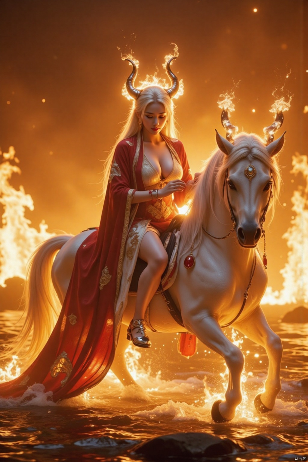 Chinese aesthetics, beautiful lighting, white skin,A mystical creature emerges from the flames: a lone maiden with waist-length white locks and gleaming horns, her breasts barely contained beneath a flowing cloak. She sits astride a fiery steed, mane ablaze as she rides forth against a backdrop of roaring inferno, her long hair streaming behind like a river of fire. 8K, HD,High quality, 8K.intricate details.dlrb,hsw,wet,water,beauty,anhei,large natural breast, taken by Sony Alpha 7R IV, Zeiss Otus 85mm F1.4, ISO 100 Shutter Speed 1/400, Vivid picture, intricate background,xuanhuanfapao,qihuanmopan,hkgod,mohuan,ddw