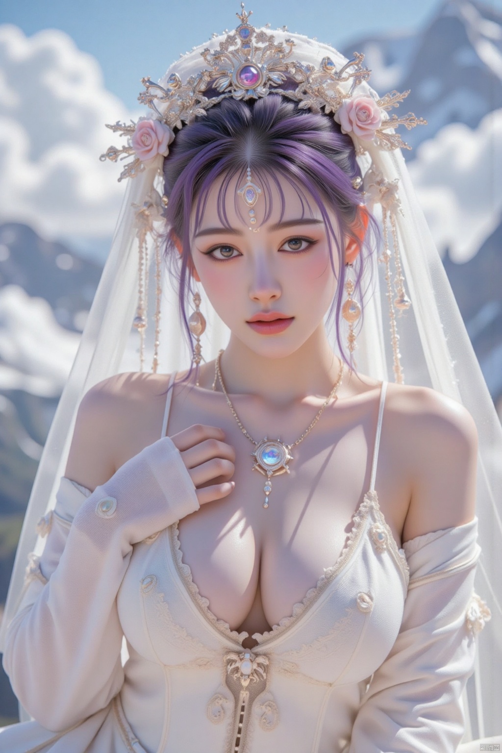 masterpiece,best quality,high quality,solo, 1girl,dress, breasts, looking at viewer, long hair, gloves, thighs, thighhighs, veil, elbow gloves, white thighhighs, garter straps, arms up, large breasts,She holds a The Hope Diamond between her breasts, her hands on her chest, the cleavage cradling The Hope Diamond with a sense of regal elegance. The camera captures her from a high angle, focusing on her upper body and TheHope Diamond in her cleavage.There is a tattoo under the collarbone,which reads: Fanfu Suzi. hair ornament, cleavage, smile, wedding dress, white dress, purple hair, bow, bridal veil, flower, day, outdoors, closed mouth, frills, white gloves, bare shoulders, pink flower, sky