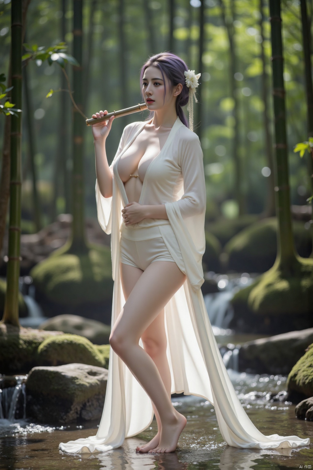 1girl, solo,barefoot,feet,hair ornament,long hair, breasts, light purple hair, huge breasts, hair accessories, standing, dresses, jewelry, whole body, bamboo forest, outdoor, tree, belt, fluorescent white dress, period robe, falling leaves, bamboo flute, playing,large natural breast,soft breasts,dlrb,xuanhuanfapao,zly,hsw,photo taken with a Canon EOS R6 Mark II Mirrorless camera in the style of 35mm f/8 aperture, intricate details.dlrb,hsw,wet,water,beauty,anhei,large natural breast,huge Breasts,cleavage,ddw