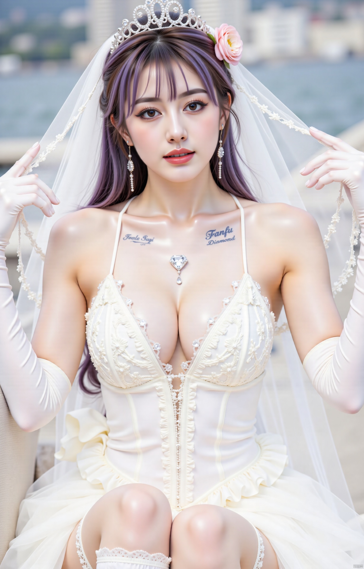 masterpiece,best quality,high quality,solo, 1girl,dress, breasts, looking at viewer, long hair, gloves, thighs, thighhighs, veil, elbow gloves, white thighhighs, garter straps, arms up, large breasts,She holds a The Hope Diamond between her breasts, her hands on her chest, the cleavage cradling The Hope Diamond with a sense of regal elegance. The camera captures her from a high angle, focusing on her upper body and TheHope Diamond in her cleavage.There is a tattoo under the collarbone,which reads: Fanfu Suzi. hair ornament, cleavage, smile, wedding dress, white dress, purple hair, bow, bridal veil, flower, day, outdoors, closed mouth, frills, white gloves, bare shoulders, pink flower, sky