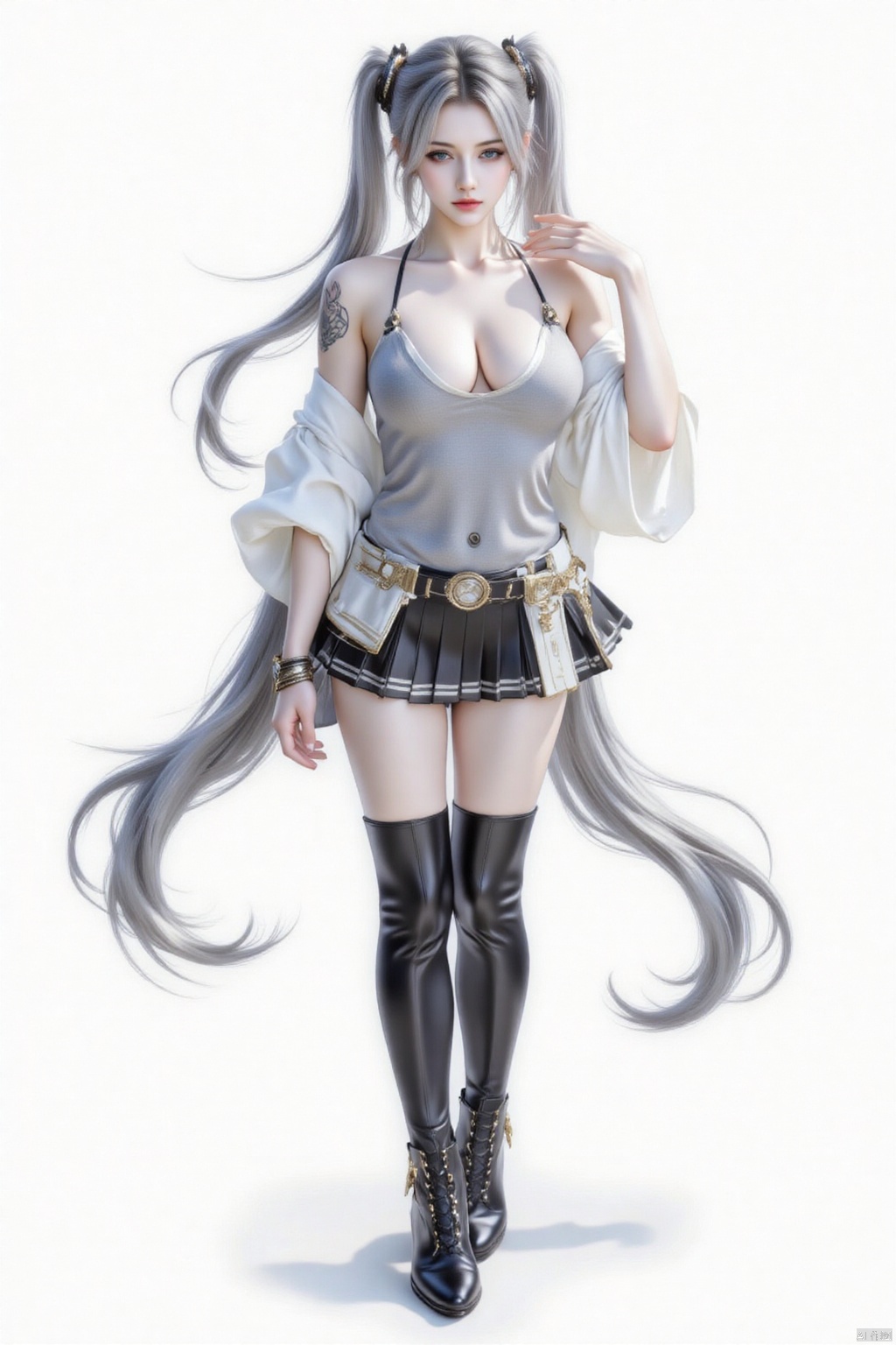 A mesmerizing portrait of Hatsune Miku: Standing confidently on a white background, her long, flowing hair cascades down her back. Her piercing water-colored eyes gaze directly at the audience, her bare shoulders and pleated double-tailed skirt showcasing her striking figure. She wears a sleeveless gray shirt, accentuating her toned physique, paired with black thigh-high boots and matching skirt that falls just above her ankles. A shoulder tattoo peeks out from beneath her hair, as she covers her mouth with her hand. The overall composition is dynamic, with Miku's stance and pose drawing the viewer in.