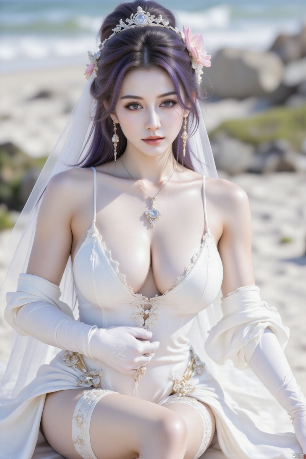 masterpiece,best quality,high quality,solo, 1girl,dress, breasts, looking at viewer, long hair, gloves, thighs, thighhighs, veil, elbow gloves, white thighhighs, garter straps, arms up, large breasts,She holds a The Hope Diamond between her breasts, her hands on her chest, the cleavage cradling The Hope Diamond with a sense of regal elegance. The camera captures her from a high angle, focusing on her upper body and TheHope Diamond in her cleavage.There is a tattoo under the collarbone,which reads: Fanfu Suzi. hair ornament, cleavage, smile, wedding dress, white dress, purple hair, bow, bridal veil, flower, day, outdoors, closed mouth, frills, white gloves, bare shoulders, pink flower, sky