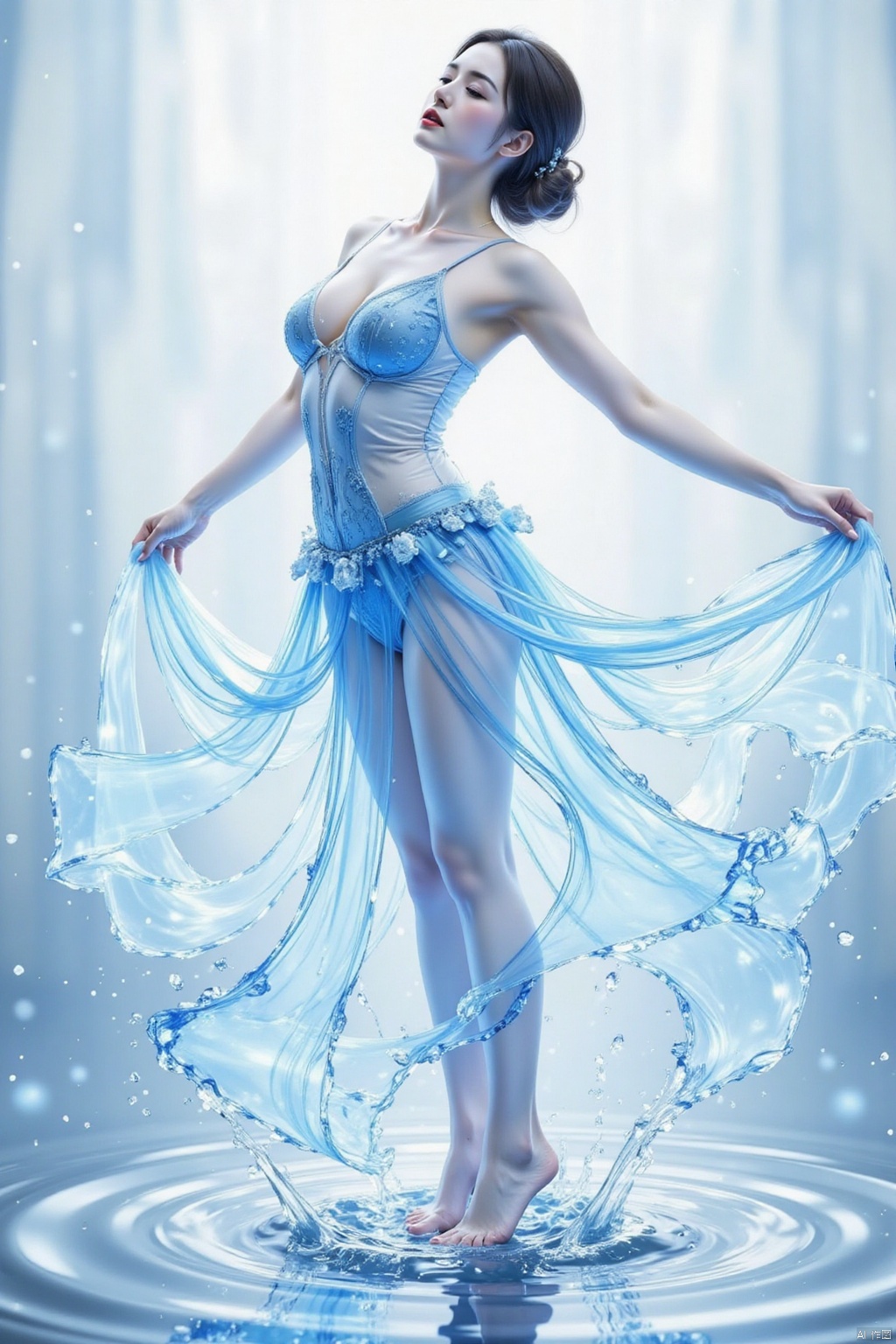 This is a highly detailed, digital artwork depicting a woman in a flowing dress made entirely of water. The woman's body is gracefully arched, with her arms extended outward and upwards, creating a sense of fluid motion. Her dress, which appears to be made of water droplets, billows and swirls around her, giving the illusion of a dynamic, ethereal dance. The dress is translucent, allowing glimpses of the woman's form beneath, which is slender and athletic.The background is a gradient of soft blues and whites, creating a cool, serene atmosphere that enhances the watery theme. The water droplets in the dress sparkle and glisten, catching the light and adding a sense of depth and texture. The droplets are depicted with a high level of realism, capturing the refractive quality of water and the way it reflects light.The overall style is highly detailed and photorealistic, with a focus on capturing the dynamic movement and fluidity of the water. The artwork evokes a sense of grace and beauty, with the woman's pose and the flowing dress creating a harmonious, almost otherworldly scene. The image is a blend of realism and fantasy, making it both captivating and visually stunning.