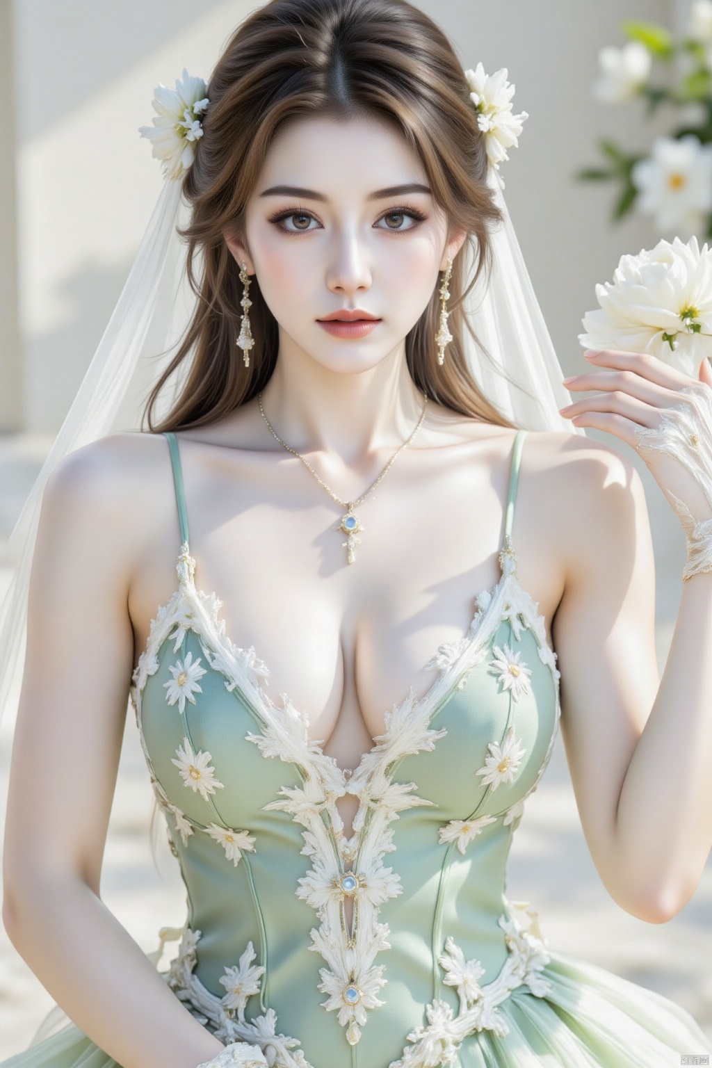 Beautiful 18-year-old girl solo-focused in a stunning high-quality masterpiece, showcasing her best features: oval face, huge breasts, and big eyes. She wears an exquisite green lace wedding dress with a flowing veil, delicate wedding gloves, and is adorned with crystal earrings and necklace. Her hair frames her lovely face as she holds a bouquet of flowers, capturing the essence of innocence and romance in a crisp, no-background composition.