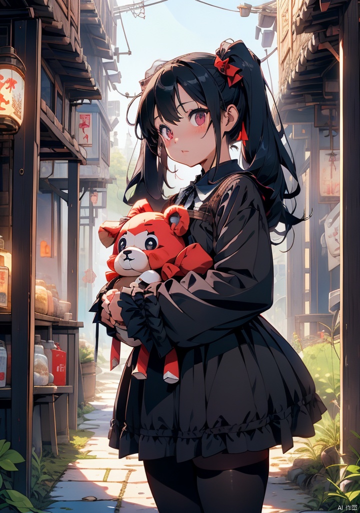 xuanyi,1girl,stuffed toy,stuffed animal,teddy bear,long hair,solo,cross,dress,pantyhose,black hair,holding stuffed toy,black dress,looking at viewer,lolita fashion,bow,frills,gothic lolita,cloud,graveyard,standing,black pantyhose,holding,twintails,outdoors,ribbon,hair bow,long sleeves,black sclera,black bow,