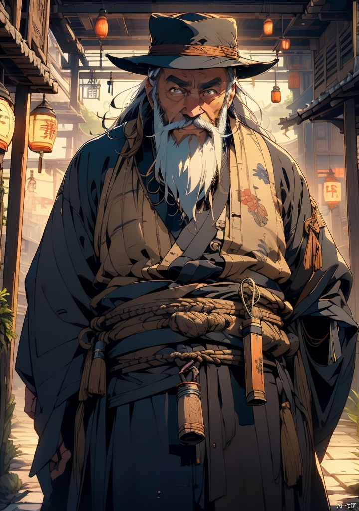 xuanyi,1boy,male focus,solo,beard,hat,night,lantern,old,old man,facial hair,japanese clothes,looking at viewer,outdoors,east asian architecture,holding,night sky,architecture,mustache,tree,sky,(((masterpiece))),(((best quality))),((ultra-detailed)),Cinematic,Lighting,