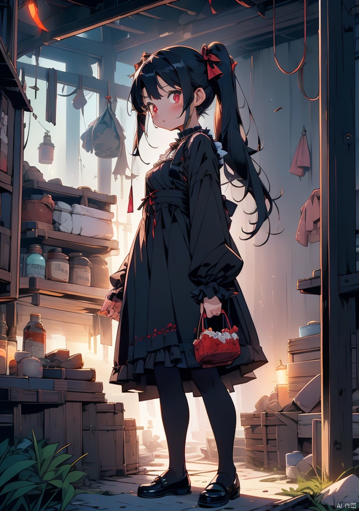xuanyi,1girl,stuffed toy,stuffed animal,teddy bear,long hair,solo,cross,dress,pantyhose,black hair,holding stuffed toy,black dress,looking at viewer,lolita fashion,bow,frills,gothic lolita,cloud,graveyard,standing,black pantyhose,holding,twintails,outdoors,ribbon,hair bow,long sleeves,black sclera,black bow,