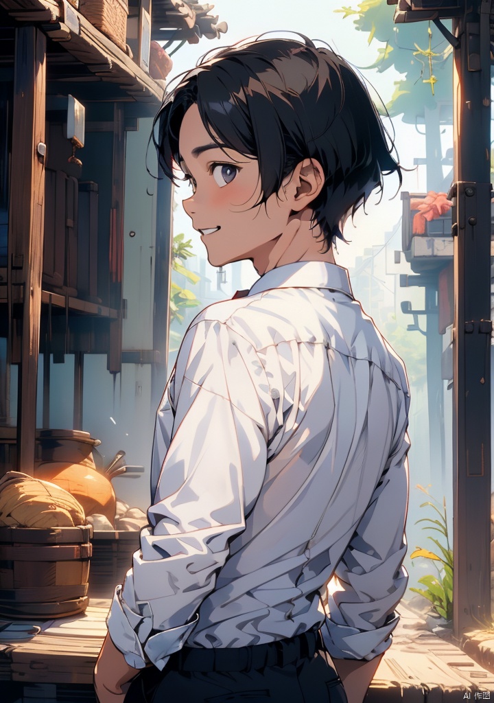 xuanyi,1boy,male focus,solo,black hair,smile,looking back,shirt,black eyes,looking at viewer,white shirt,from behind,short hair,scar,upper body,tree,