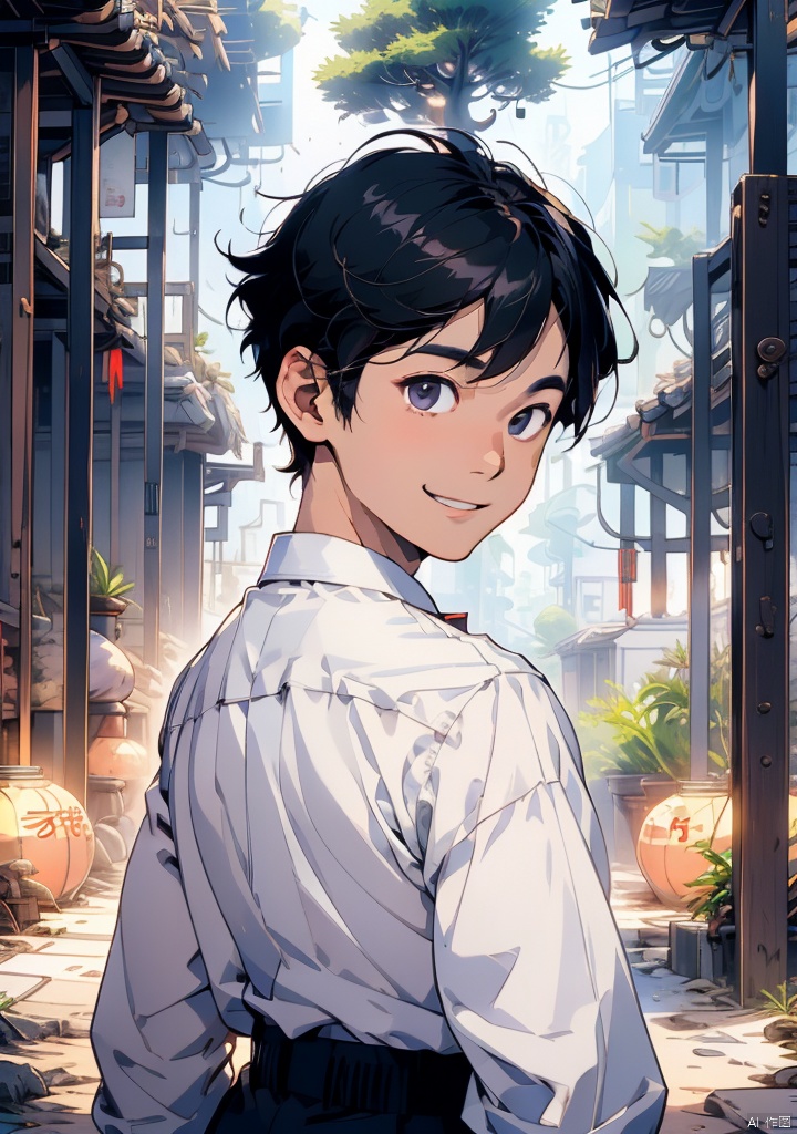 xuanyi,1boy,male focus,solo,black hair,smile,looking back,shirt,black eyes,looking at viewer,white shirt,from behind,short hair,scar,upper body,tree,