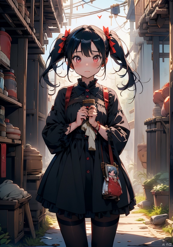 xuanyi,1girl,stuffed toy,stuffed animal,teddy bear,long hair,solo,cross,dress,pantyhose,black hair,holding stuffed toy,black dress,looking at viewer,lolita fashion,bow,frills,gothic lolita,cloud,graveyard,standing,black pantyhose,holding,twintails,outdoors,ribbon,hair bow,long sleeves,black sclera,black bow,