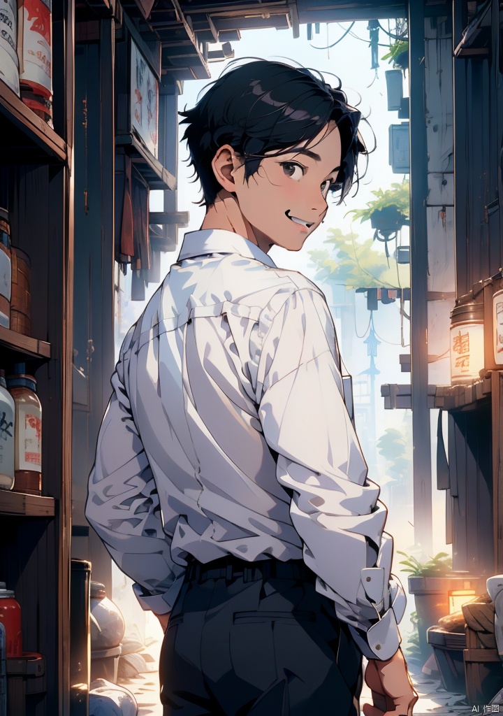 xuanyi,1boy,male focus,solo,black hair,smile,looking back,shirt,black eyes,looking at viewer,white shirt,from behind,short hair,scar,upper body,tree,