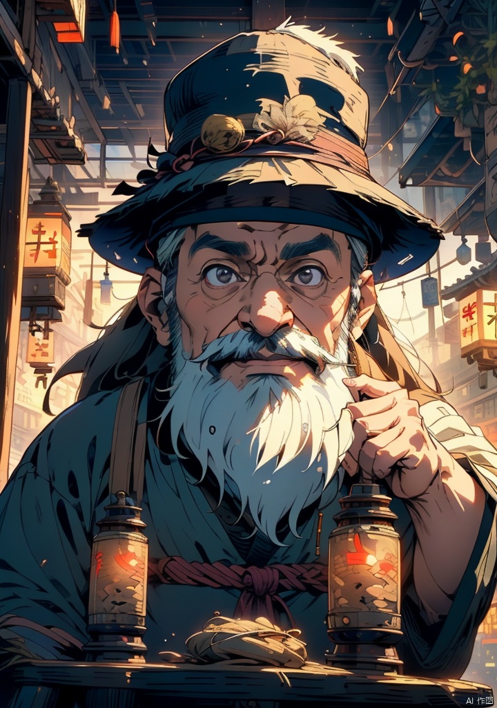 xuanyi,1boy,male focus,solo,beard,hat,night,lantern,old,old man,facial hair,japanese clothes,looking at viewer,outdoors,east asian architecture,holding,night sky,architecture,mustache,tree,sky,(((masterpiece))),(((best quality))),((ultra-detailed)),Cinematic,Lighting,