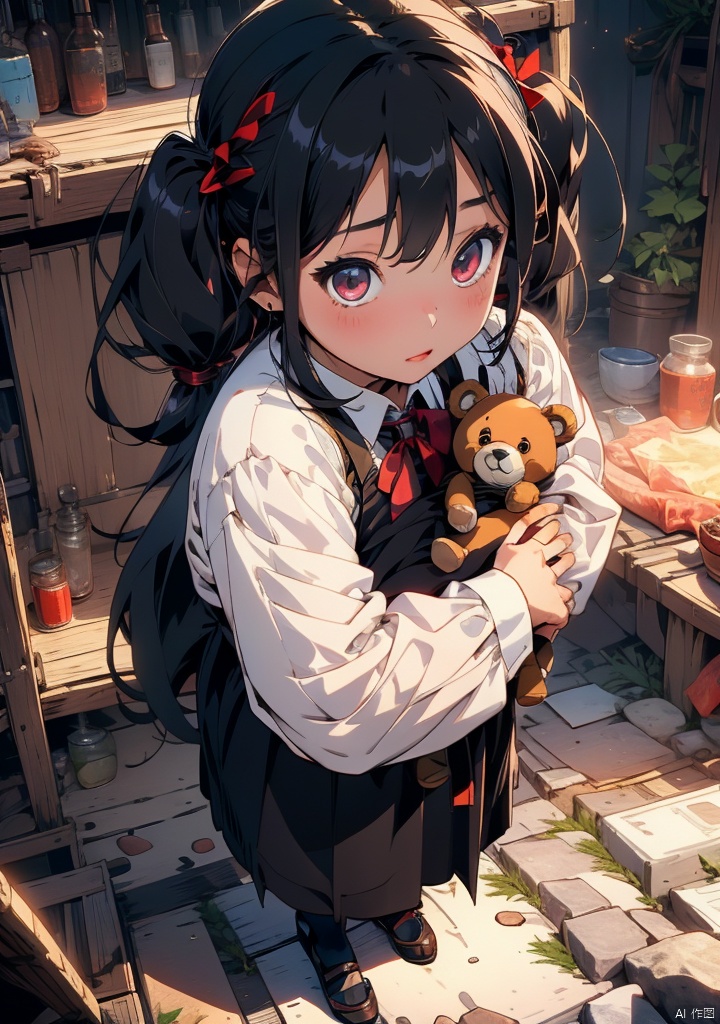xuanyi,1girl,stuffed toy,stuffed animal,teddy bear,long hair,solo,cross,dress,pantyhose,black hair,holding stuffed toy,black dress,looking at viewer,lolita fashion,bow,frills,gothic lolita,cloud,graveyard,standing,black pantyhose,holding,twintails,outdoors,ribbon,hair bow,long sleeves,black sclera,black bow,