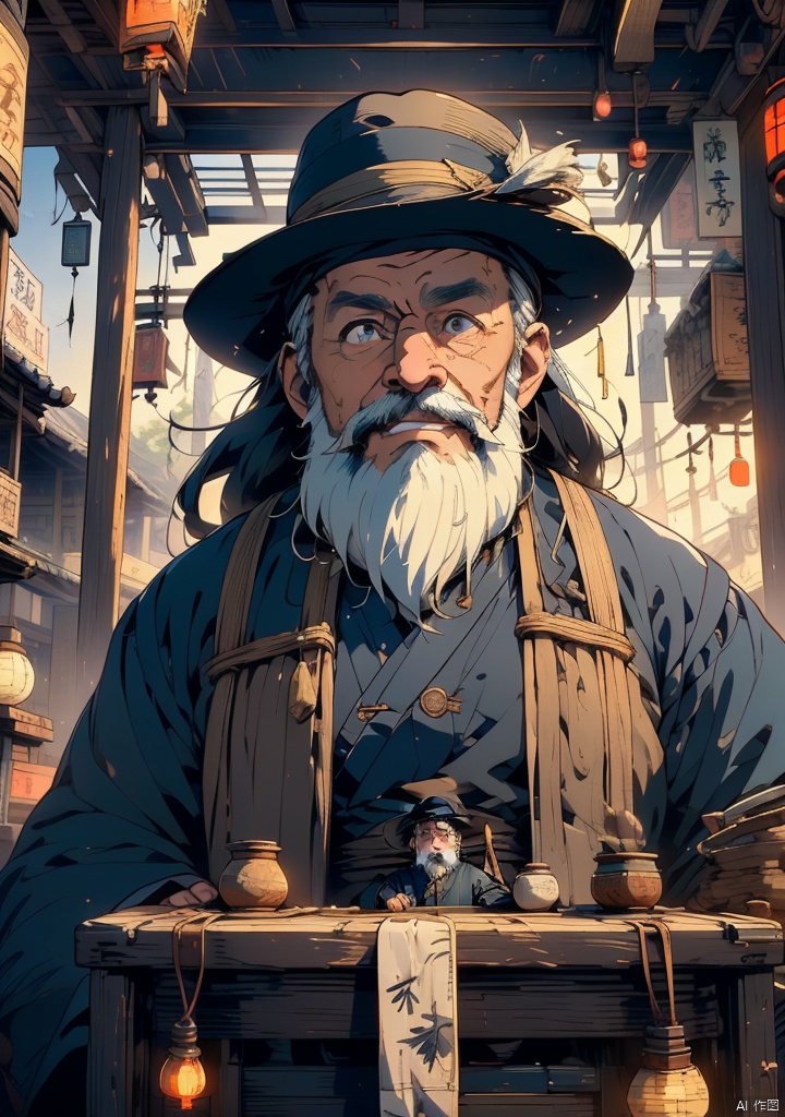 xuanyi,1boy,male focus,solo,beard,hat,night,lantern,old,old man,facial hair,japanese clothes,looking at viewer,outdoors,east asian architecture,holding,night sky,architecture,mustache,tree,sky,(((masterpiece))),(((best quality))),((ultra-detailed)),Cinematic,Lighting,
