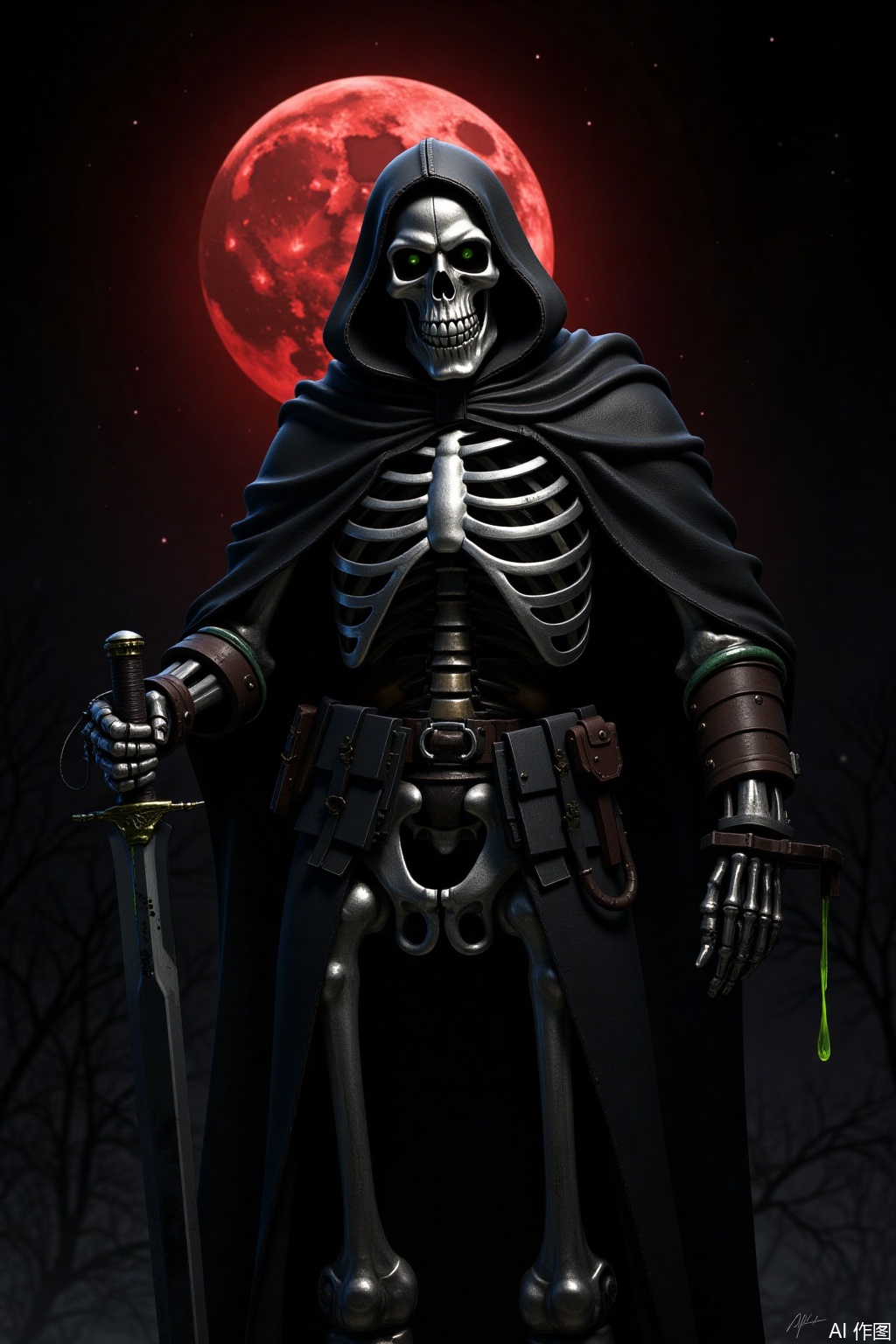 On the parapet of a cursed castle tower, stands a skeletal warrior clad in black armor, his bony surface adorned with rusted iron, as if bearing witness to countless battles. A silver skull pattern on his cloak glimmers with an eerie light under the moon's pale glow. His skeletal hands each grasp a short yet deadly dagger, its tip dripping with green toxic liquid that reeks of decay. Behind him, the blood-red moon hangs high in the dark sky, harmonizing with the black aura emanating from his being to create a scene of terror and mystery.,Skeleton Warrior,masterpiece