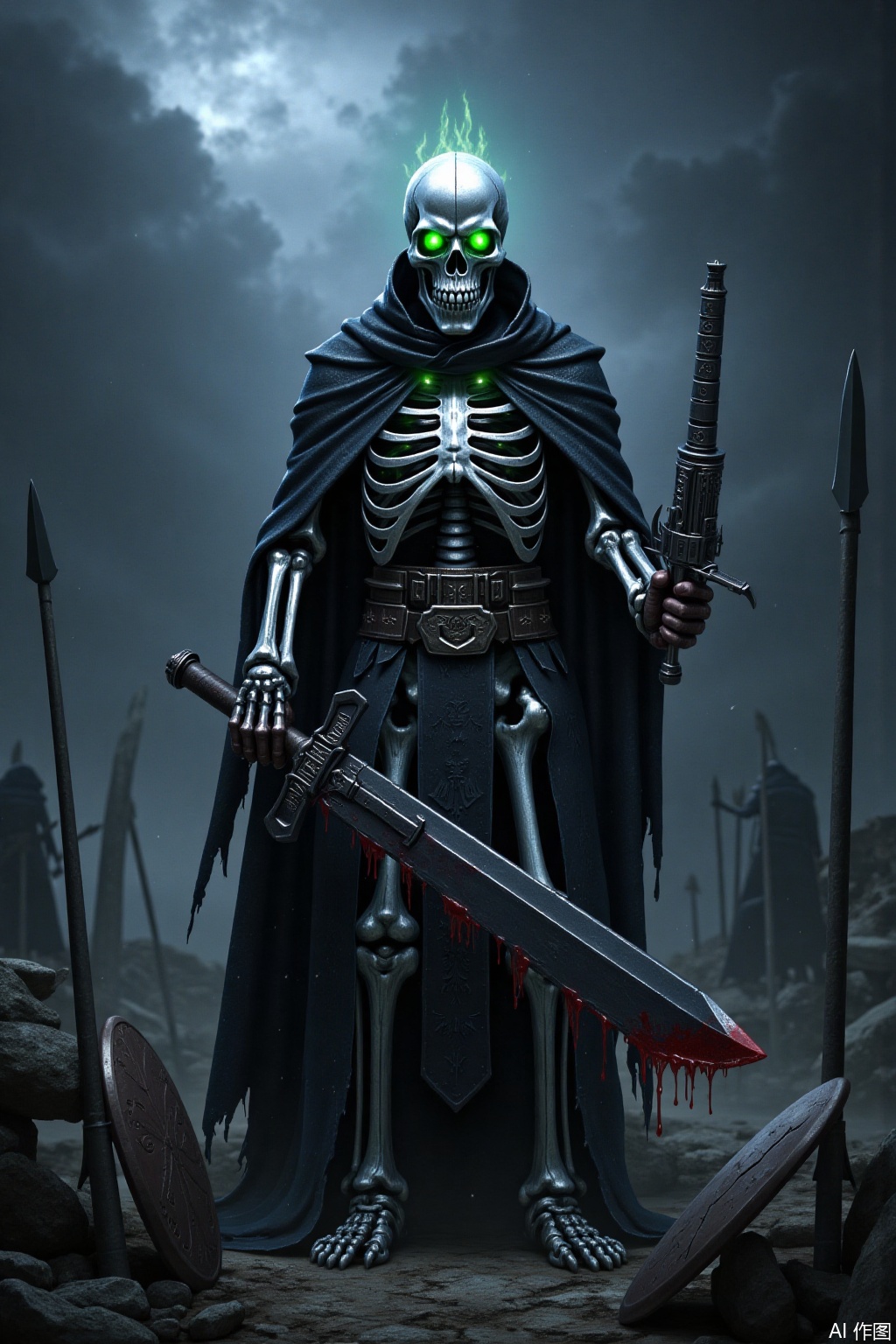 In a dark fantasy style, a skeleton warrior wearing a black battle robe stands on the ruins of the ancient battlefield. His skeleton was filled with a cold blue light, and strange green flames were burning in his hollow eyes. The black battle robe roared in the wind, with broken edges and shining with mysterious runes. In his hand, he held a huge black sword with cracks on his sword body but still emitting evil power. The blade was filled with dark red liquid, as if solidified blood was frozen. Around it was filled with black smoke, and broken shields and broken spears were vaguely visible, creating a gloomy and tragic atmosphere. ,Skeleton Warrior,masterpiece