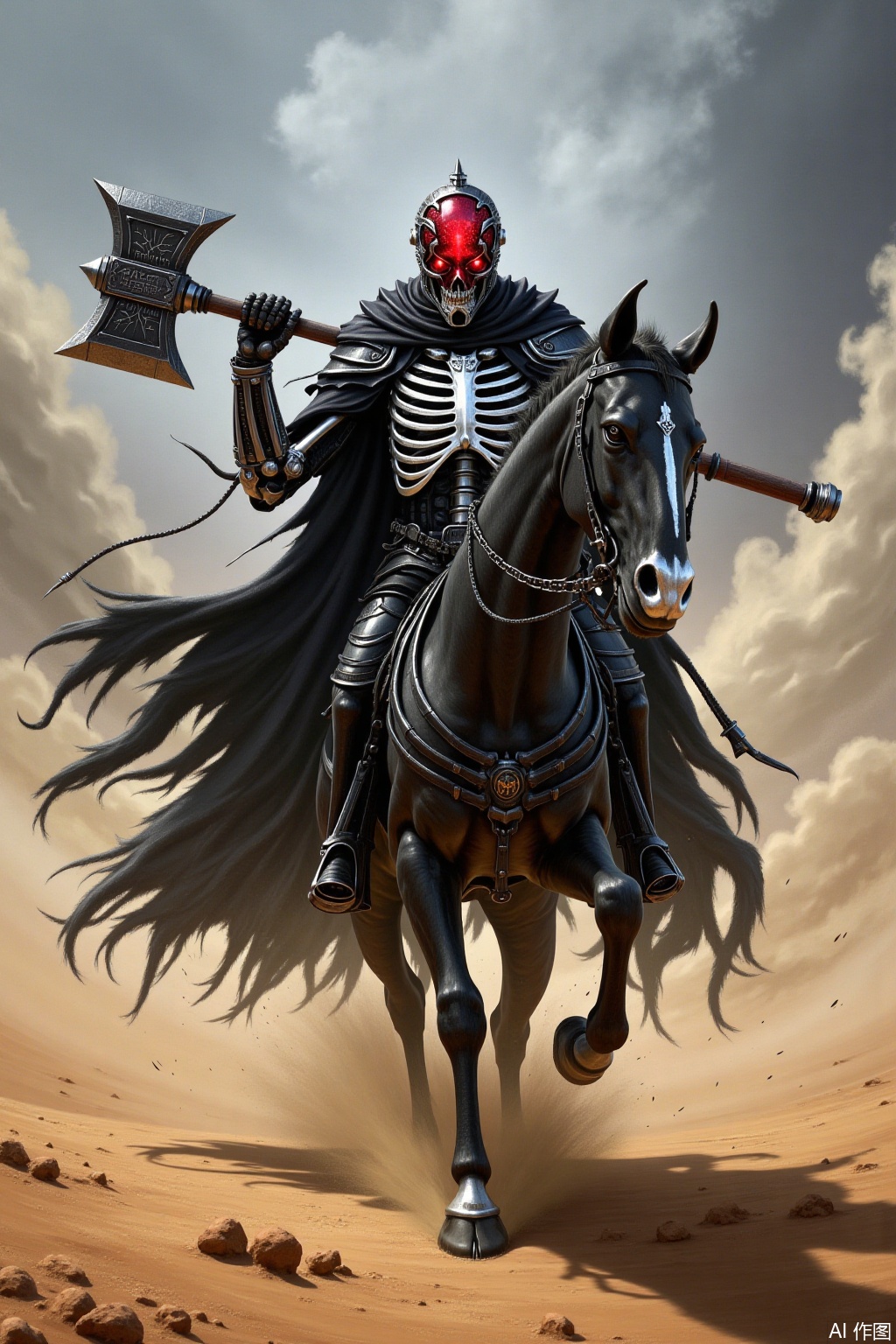 A majestic shot of a skeletal warrior galloping across the desert, surrounded by swirling sand and dust. The warrior's imposing figure is clad in black armor adorned with a crimson gemstone-encrusted helmet, radiating an intense, malevolent glow. His dark cloak billows in the wind, revealing a necklace of human vertebrae between his ribs. He wields a massive warhammer with wolf-toothed handle, inscribed with wicked incantations, as he readies to charge into the unknown, exuding fearlessness and ferocity.