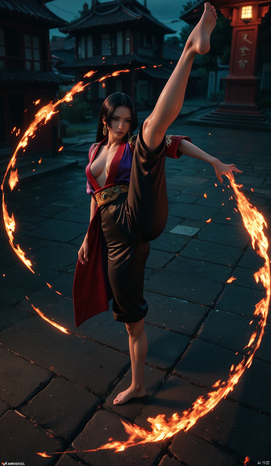 (masterpiece, best quality, ), slum background, Boa Hancock. from above, barefoot, foot focus, high kick with a trail of red fire,long black hair, standing on one leg,  red lighting, (anime coloring:0.3),score_9_up score_8_up score_7_up score_6_up,BLENDER STYLE