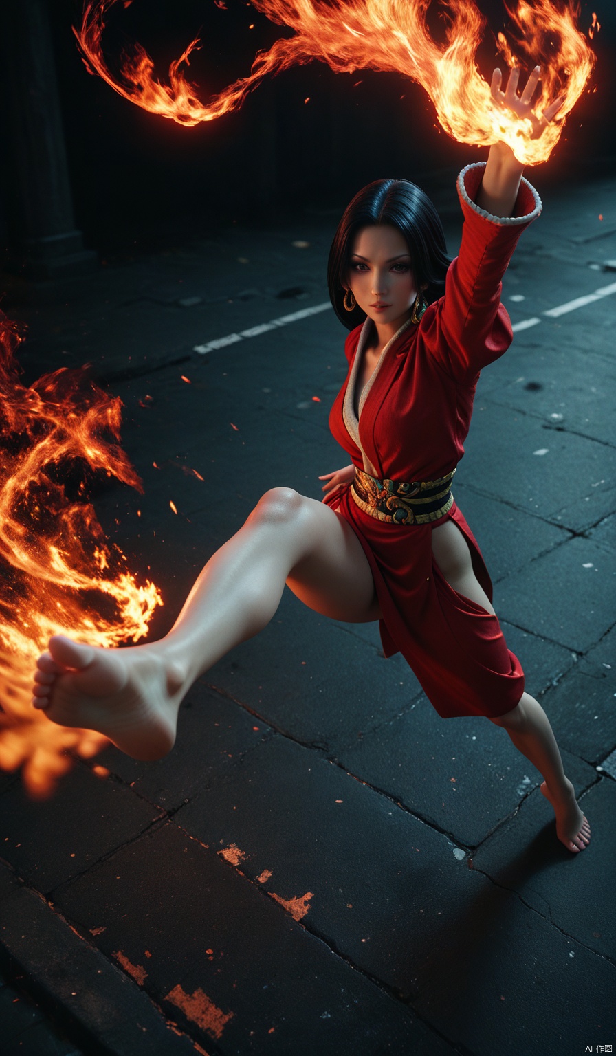 (masterpiece, best quality, ), slum background, Boa Hancock. from above, barefoot, foot focus, high kick with a trail of red fire,long black hair, standing on one leg,  red lighting, (anime coloring:0.3),score_9_up score_8_up score_7_up score_6_up,BLENDER STYLE,FBB