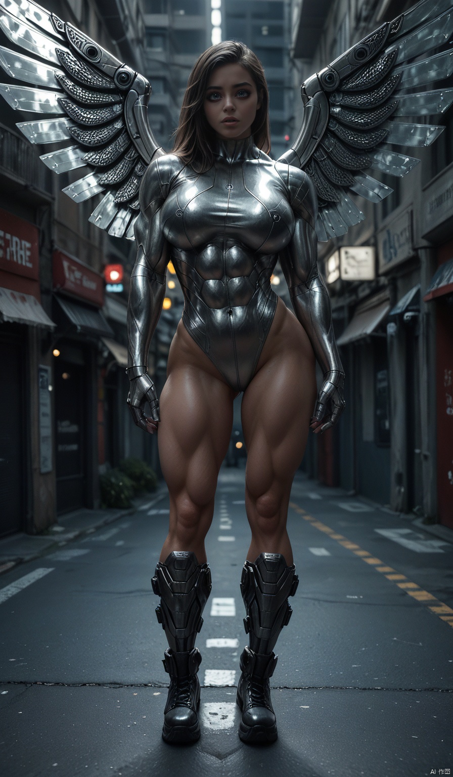 A high-quality, hyper-realistic digital art portrait of a woman standing in a straight pose, exuding confidence and power. She wears oversized black and white urban futuristic clothing, featuring exaggerated asymmetrical designs with bold, sharp lines that create a striking contrast. Her oversized sneaker boots, blending streetwear with avant-garde fashion, complete the look with a street-ready yet cutting-edge appeal. Behind her, chrome Chromecore wings extend outward in full stretch, their gleaming metallic sheen reflecting light with intricate details that highlight their futuristic design. The wings, poised for takeoff, add a sense of fantasy and movement to the otherwise static scene. The interplay between her sleek urban outfit and the shimmering wings enhances the visual impact, merging the edge of modern street fashion with the allure of futuristic fantasy. The minimalistic background further emphasizes her bold presence, focusing on the sharp contrast between her attire and the metallic wings, while the overall color palette and lighting capture the dark, high-contrast theme, with a focus on perfection and detailed craftsmanship, especially around the hands and pose, masterpiece, high-quality, (elaborate fine details:1.1), (hyperdetailed:1.1), (intricate details:1.0), (Refined details:1.1), (best quality:1.1), (high resolution:1.2),HANFU,MUSCLE BIMBO