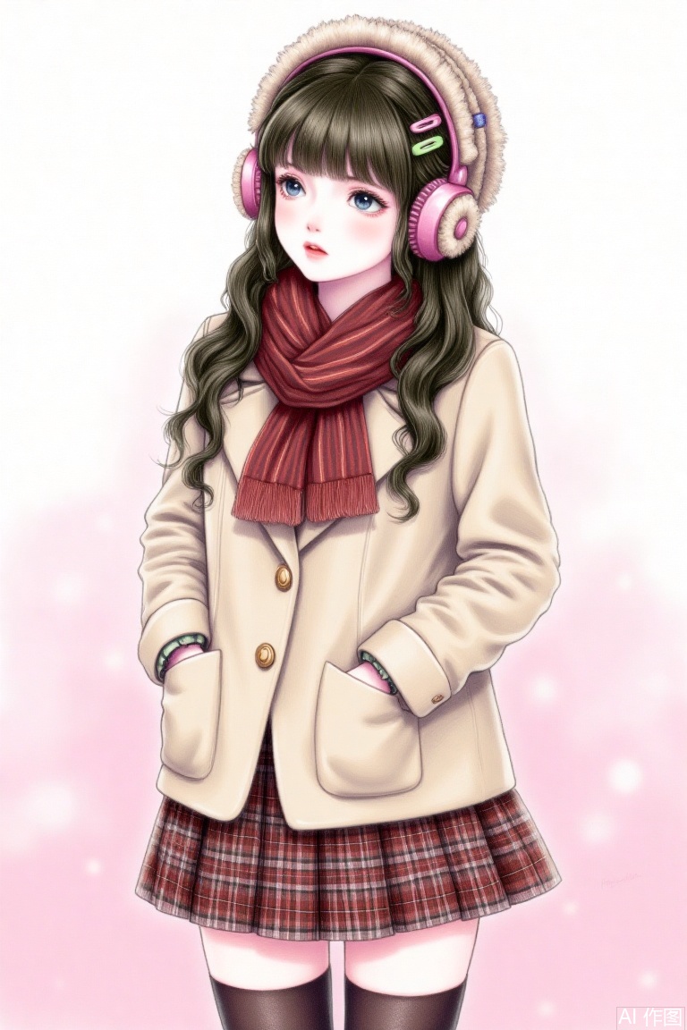 1girl, bangs, black_hair, blue_eyes, blush, breath, coat, cowboy_shot, earmuffs, gradient, gradient_background, hair_between_eyes, hands_in_pockets, headphones, headphones_around_neck, jacket, long_hair, looking_away, pink_background, plaid, plaid_scarf, plaid_skirt, pleated_skirt, red_scarf, scarf, school_uniform, skirt, solo, thighhighs, shota