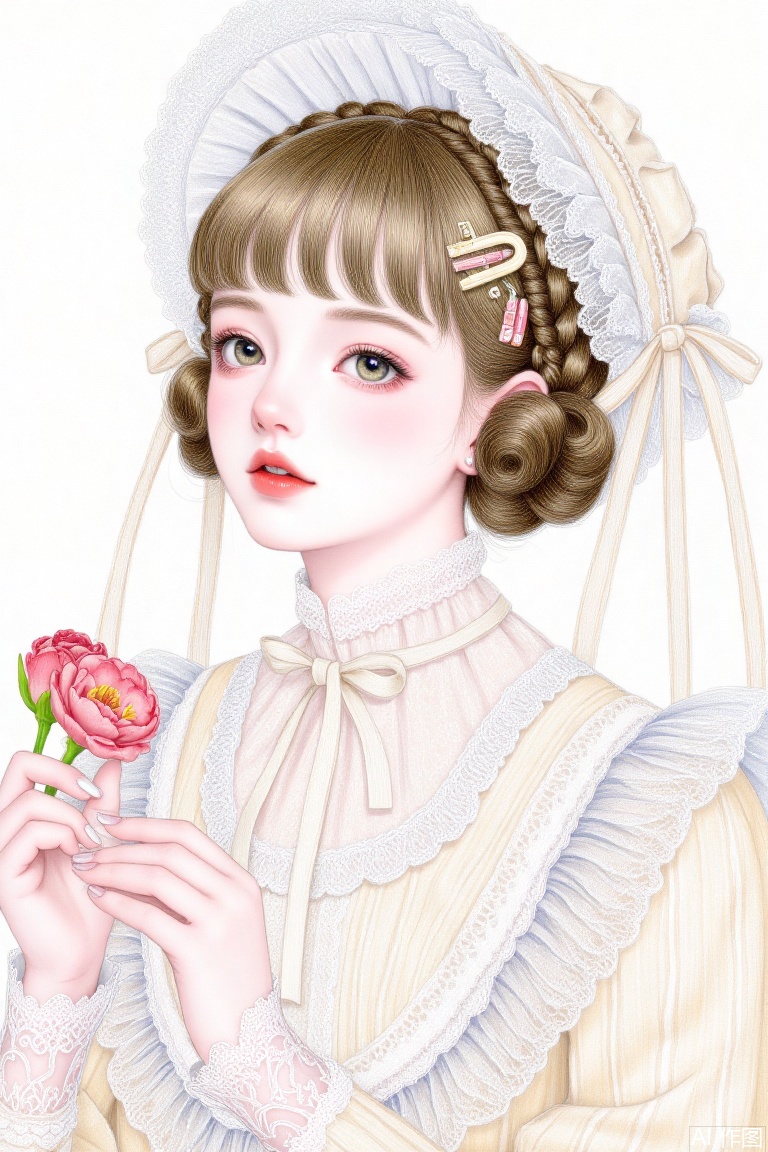1girl, line art, peony, digitalis,