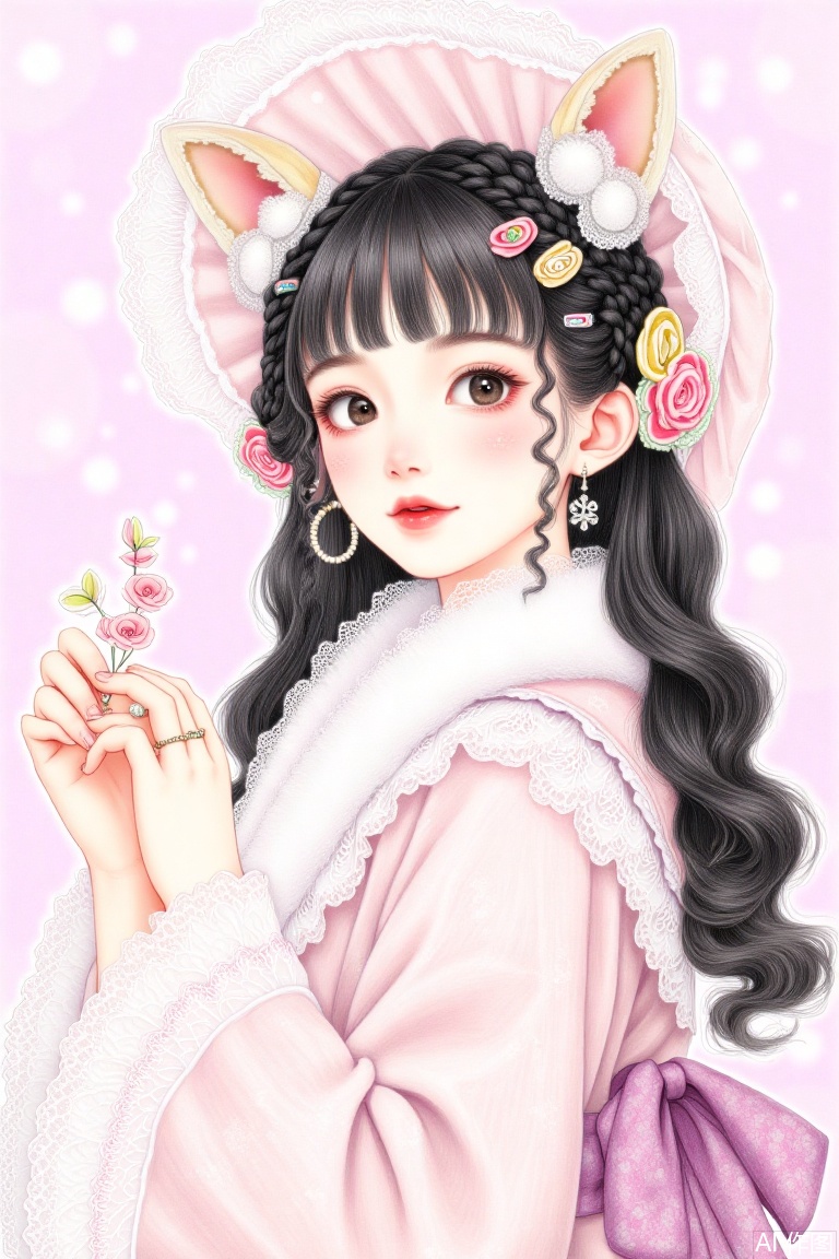 1girl, 

Best quality, genshin,Honkai StarRail, 

mamimi(mamamimi),blade (galaxist),((fuzichoco,butterchalk,yoshinari you,mika pikazo)), 

voice actor connection, open mouth, hair ornament, looking at viewer, black eyes, flower, blush, pink background, smile, fox ears, black hair, pink kimono, long hair, rabbit ears, japanese clothes, kimono, animal ears, hair flower, portrait, animal ear fluff, rabbit,

masterpiece, newest, absurdres, safe
