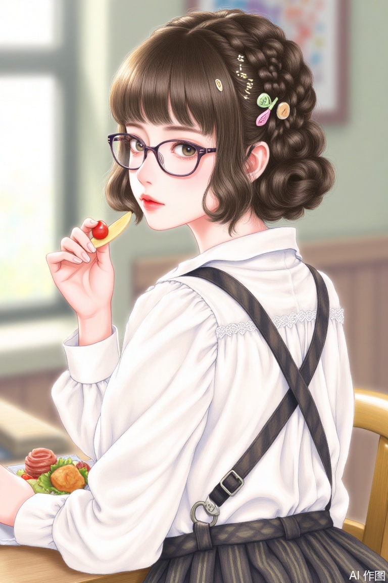 masterpiece,best quality,1girl, solo, glasses, looking at viewer, shirt, blurry, white shirt, blurry background, short hair, upper body, brown eyes, brown hair, indoors, nose, depth of field, lips, from side, collared shirt, black hair, long sleeves, signature, closed mouth, bob cut, realistic, asian, suspenders, food, looking to the side, red lips