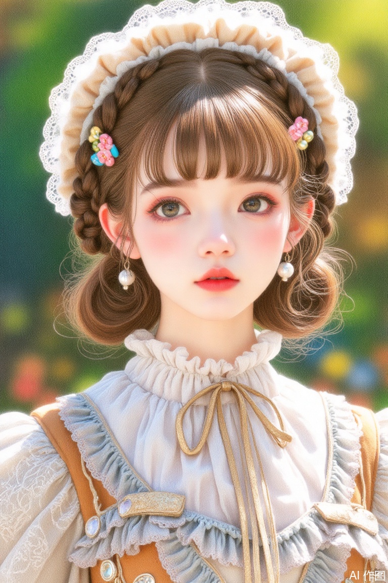 A stunning street fashion shot featuring a young woman in sharp focus. The girl stands confidently, her entire figure framed within the composition. Soft natural light illuminates her flawless face, highlighting every detail from the subtle curve of her nose to the gentle slope of her cheekbones.
