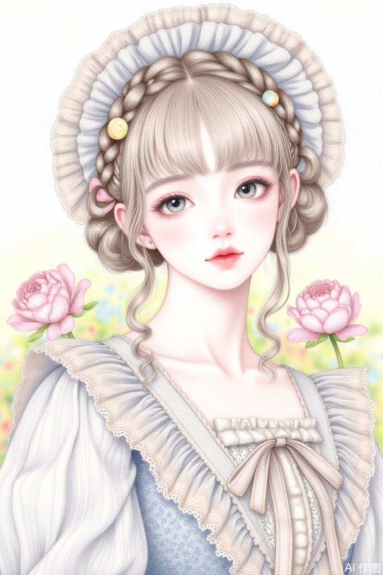 1girl, line art, peony, digitalis,