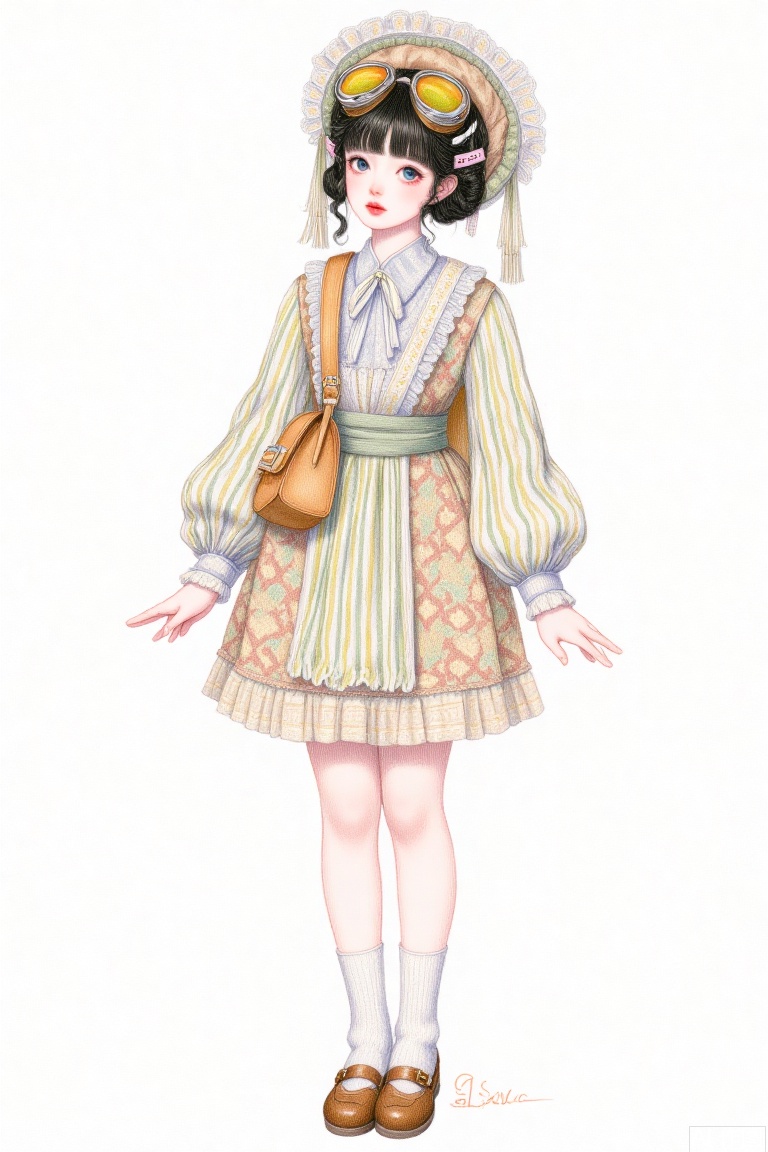  line art,line style,as style,best quality,masterpiece,
 the image features a q version of cute cartoon girl wearing ancient costume, simple pattern, full body portrait, standing pose, legs straight, hands on both sides, minimalist painter style, ancient chinese style, vector illustration, clean background
suxi, suxi's def clothes, zzz style, 1girl, solo, black hair, backpack, short hair, goggles, blue eyes, bag, socks,