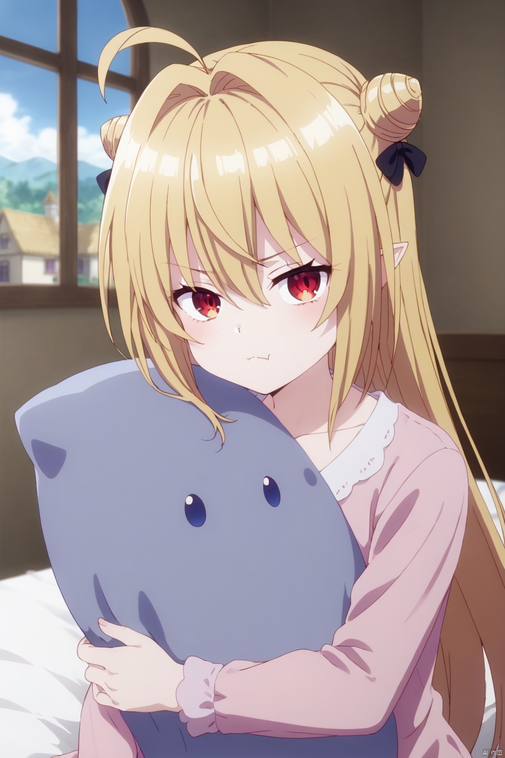1girl,solo,long hair,looking at viewer,bangs,blonde hair,red eyes,hair between eyes,closed mouth,collarbone,、、,pointy ears,gradient,:t,object hug,pout,,Indoor,Window,Village,Sunshine,hair bun ahoge hair bow,sit on the bed,Pink pajamas