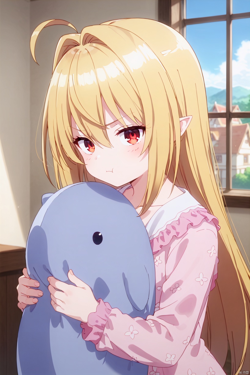 1girl,solo,long hair,looking at viewer,bangs,blonde hair,red eyes,hair between eyes,closed mouth,collarbone,upper body,pointy ears,gradient,:t,object hug,pout,,Indoor,Window,Village,Sunshine,ahoge,Pink frills pajamas,angry,Referring to others,(profile:0.8),loli